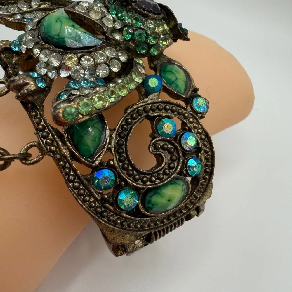 Vintage Style Owl Slave Bracelet Hand Flower Ring Set Green Blue Rhinestone Cuff